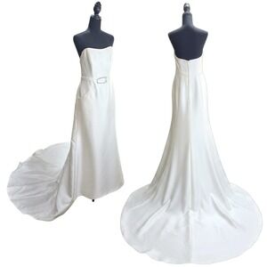 Oleg Cassini Wedding Dress Gown 8 Ivory Strapless Belted Pockets Bride Reception